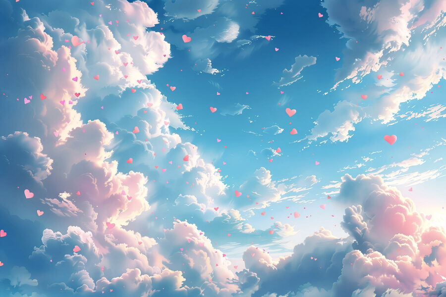 Ciel bleu avec nuages et cœurs roses