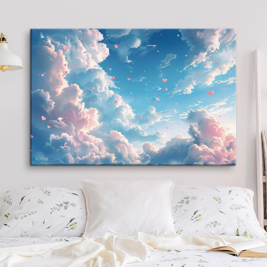 Ciel bleu avec nuages et cœurs roses
