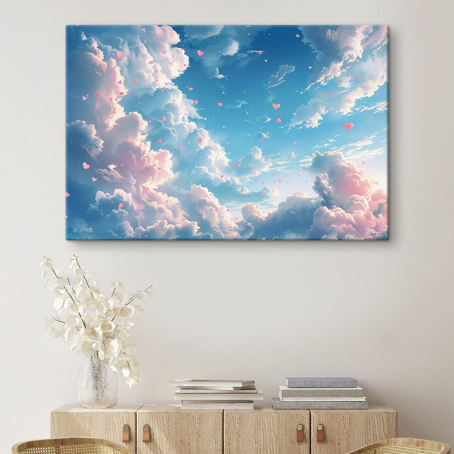 Ciel bleu avec nuages et cœurs roses
