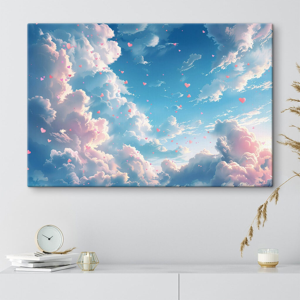 Blue sky with clouds and pink hearts