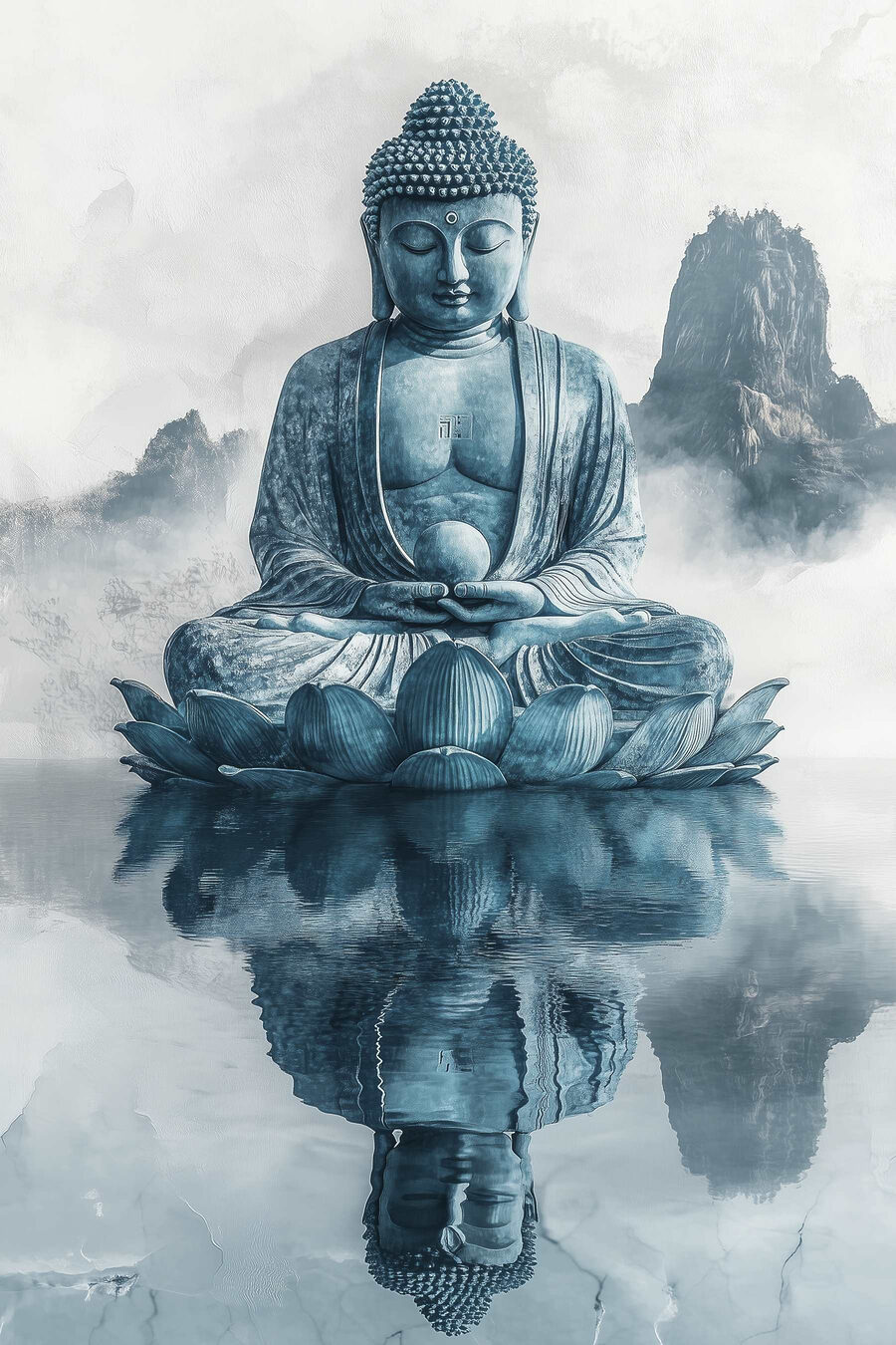 Statue d'une personne assise sur une fleur de lotus dans l'eau