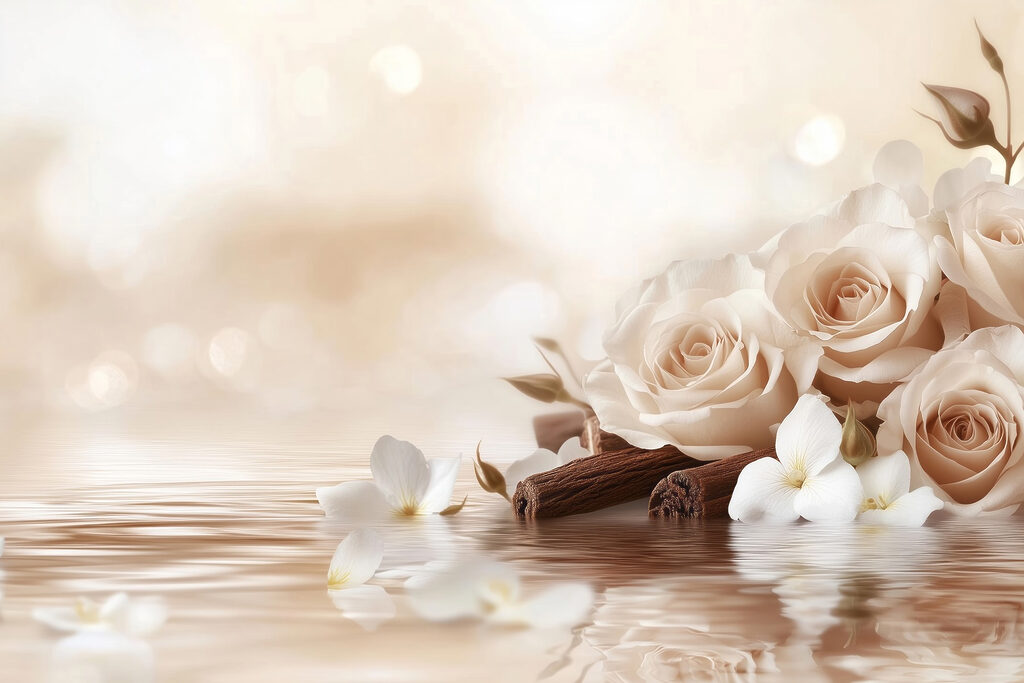 Group of white roses and cinnamon sticks in water