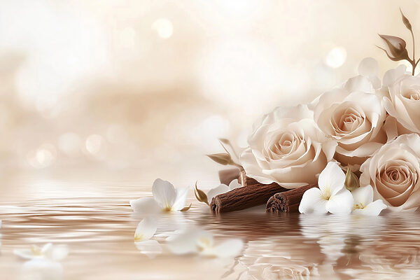 Groupe de roses blanches et bâtons de cannelle dans l'eau Groupe de roses blanches et bâtons de cannelle dans l'eau