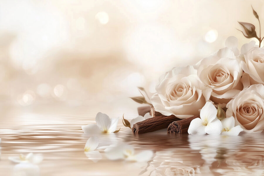 Groupe de roses blanches et bâtons de cannelle dans l'eau