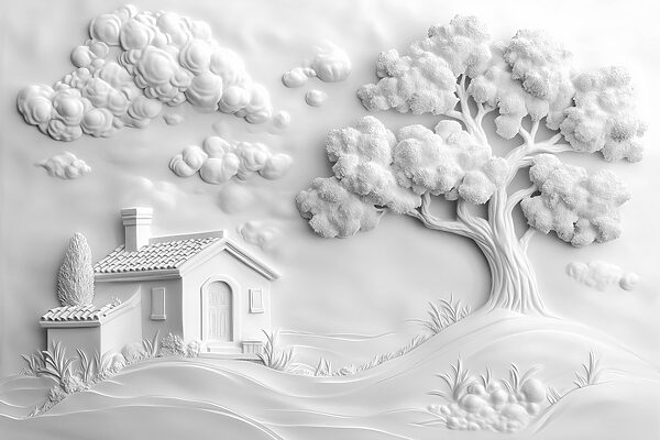 Art mural blanc avec une maison et un arbre Art mural blanc avec une maison et un arbre