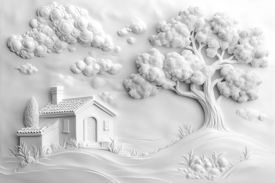 Art mural blanc avec une maison et un arbre