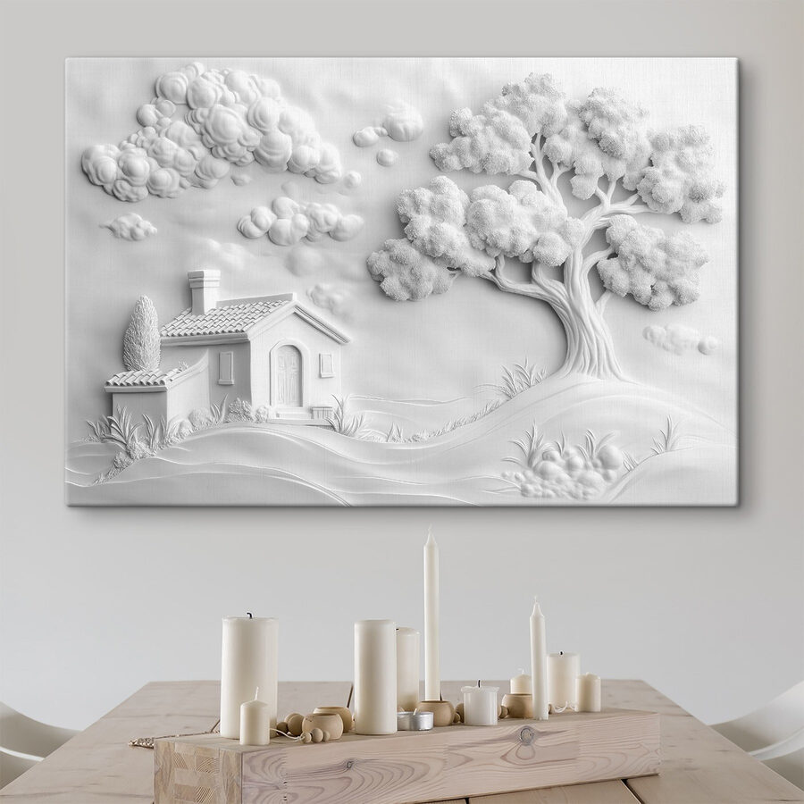Art mural blanc avec une maison et un arbre