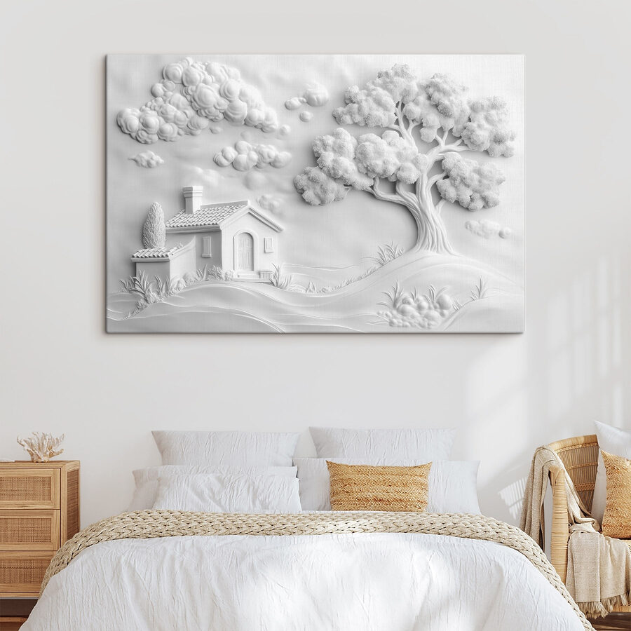 Art mural blanc avec une maison et un arbre