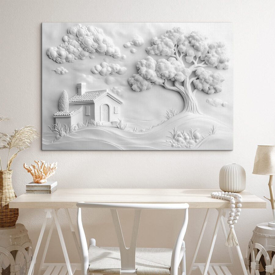 Art mural blanc avec une maison et un arbre
