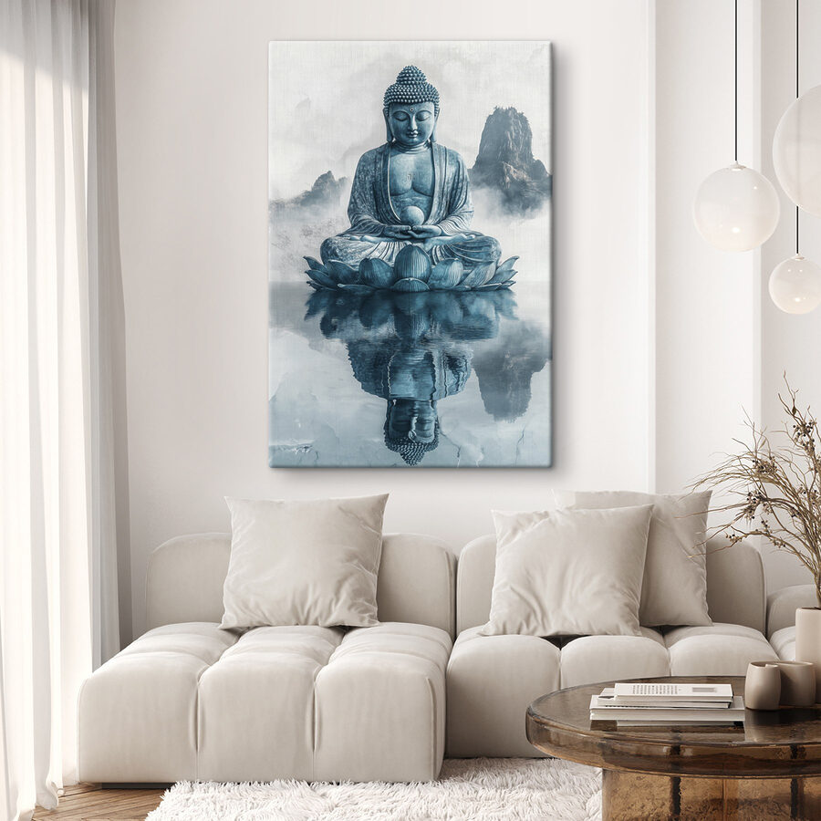 Statue d'une personne assise sur une fleur de lotus dans l'eau