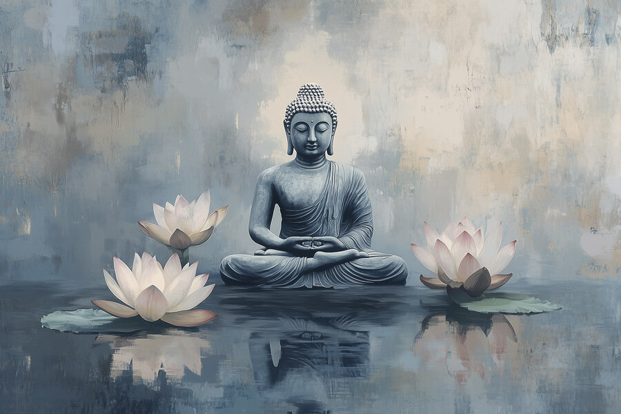Statue d'un bouddha assis en position de lotus entouré d'eau