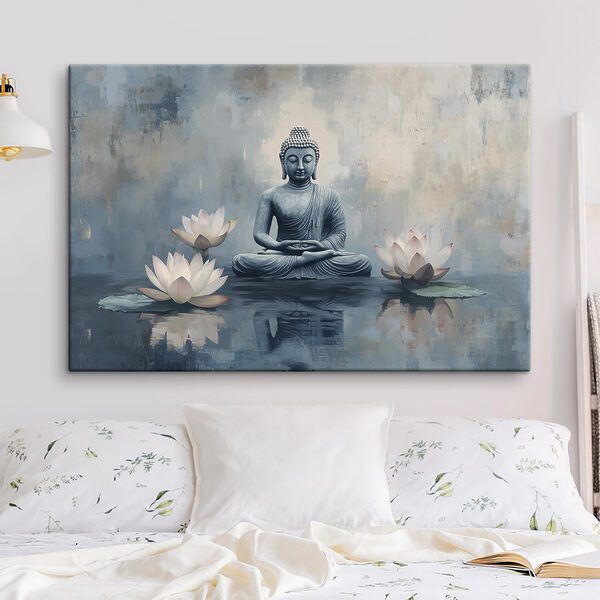 Statue d'un bouddha assis en position de lotus entouré d'eau Statue d'un bouddha assis en position de lotus entouré d'eau