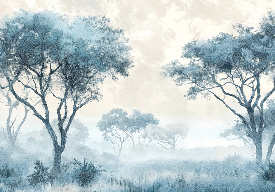 Paysage brumeux avec arbres et plantes