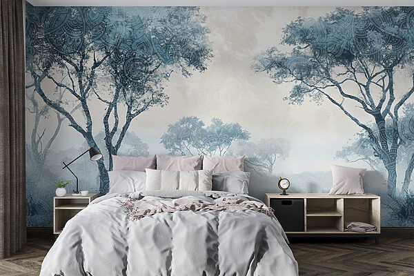Paysage brumeux avec arbres et plantes Paysage brumeux avec arbres et plantes