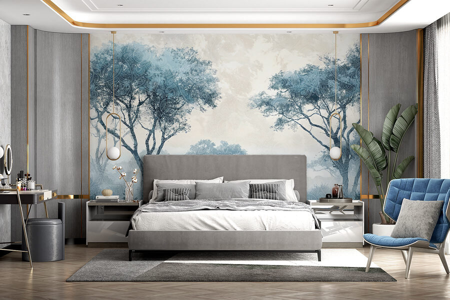 Paysage brumeux avec arbres et plantes