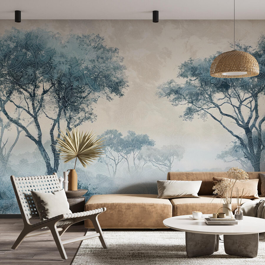 Paysage brumeux avec arbres et plantes