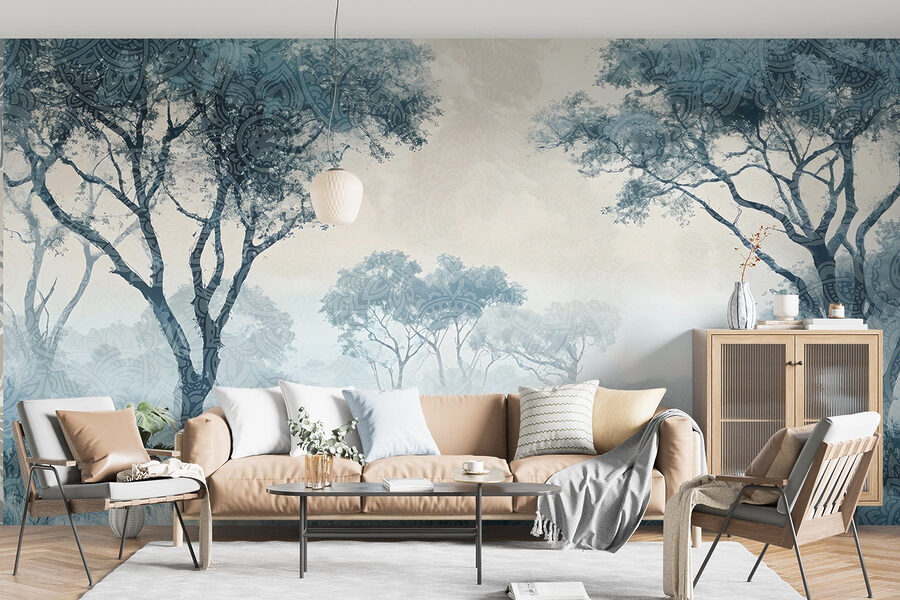 Paysage brumeux avec arbres et plantes
