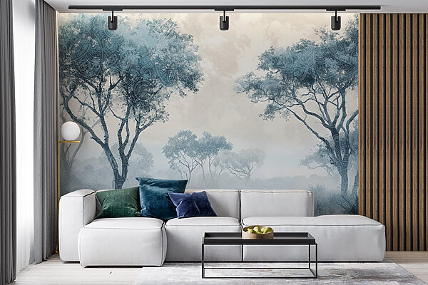 Paysage brumeux avec arbres et plantes Paysage brumeux avec arbres et plantes
