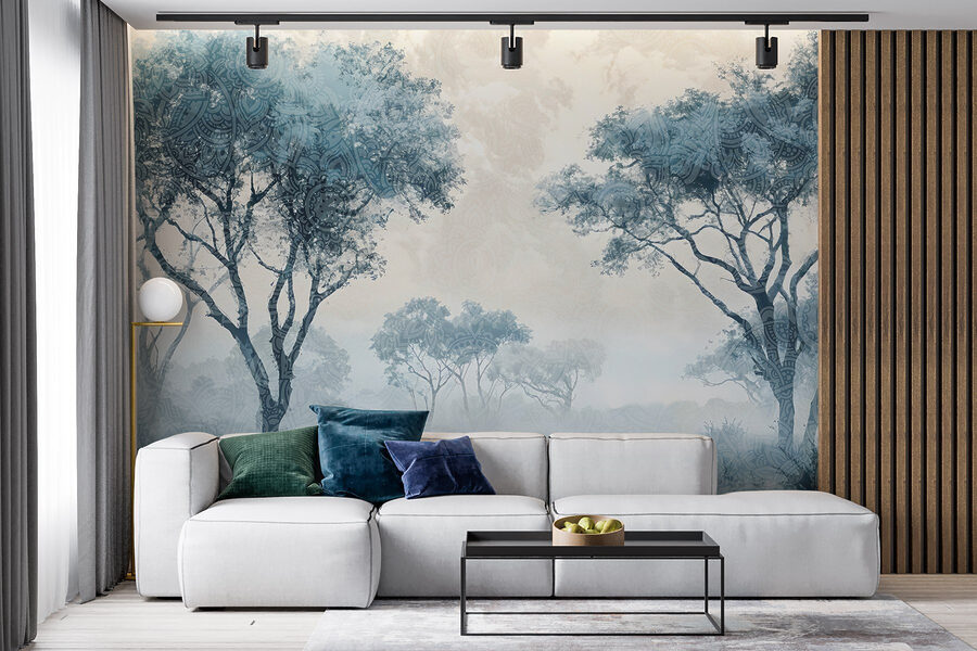 Paysage brumeux avec arbres et plantes