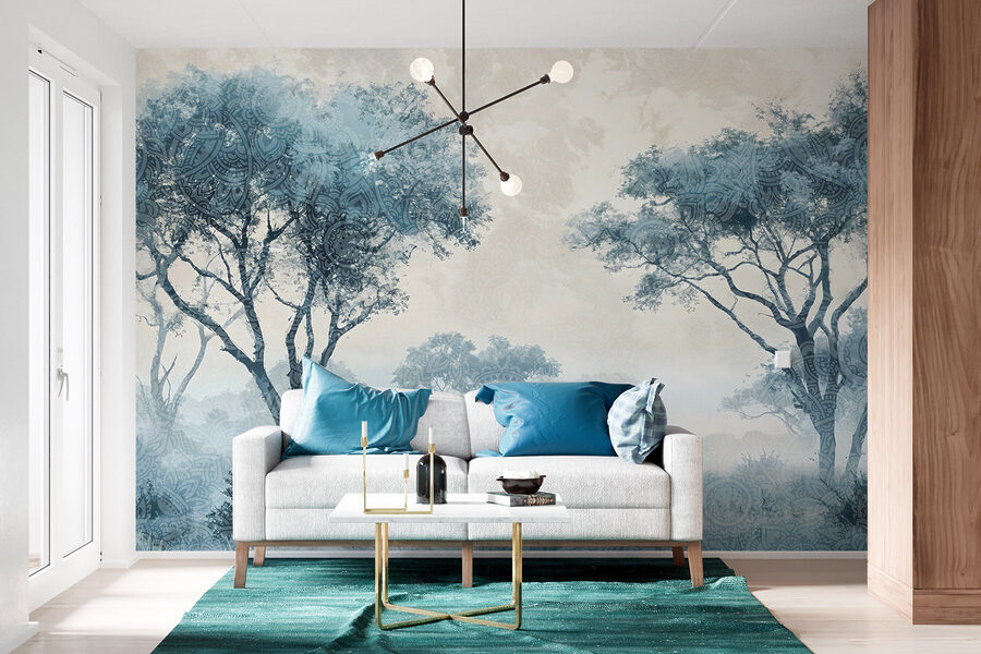 Paysage brumeux avec arbres et plantes