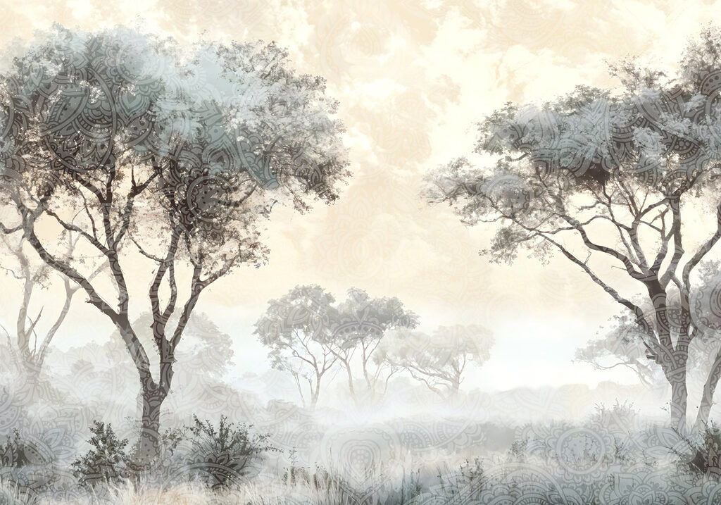 Paysage brumeux avec arbres et plantes Paysage brumeux avec arbres et plantes