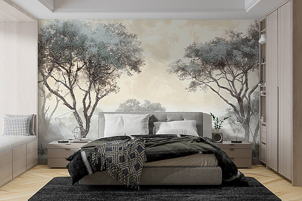 Paysage brumeux avec arbres et plantes Paysage brumeux avec arbres et plantes
