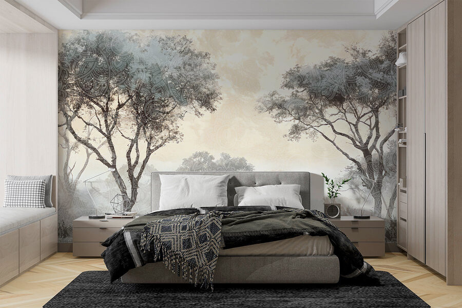 Paysage brumeux avec arbres et plantes Paysage brumeux avec arbres et plantes