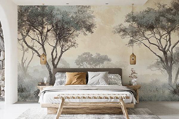 Paysage brumeux avec arbres et plantes Paysage brumeux avec arbres et plantes