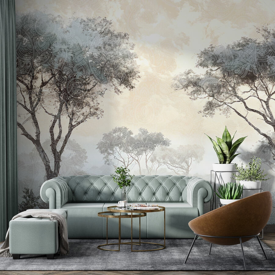 Paysage brumeux avec arbres et plantes Paysage brumeux avec arbres et plantes