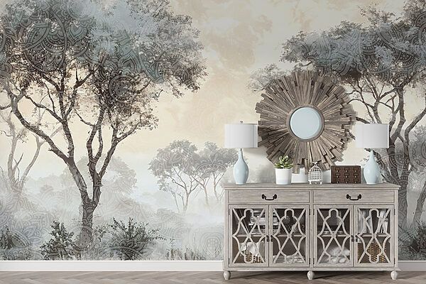 Paysage brumeux avec arbres et plantes Paysage brumeux avec arbres et plantes