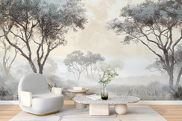 Paysage brumeux avec arbres et plantes Paysage brumeux avec arbres et plantes