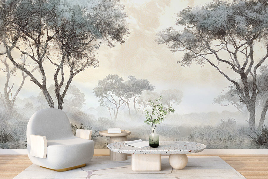 Paysage brumeux avec arbres et plantes Paysage brumeux avec arbres et plantes