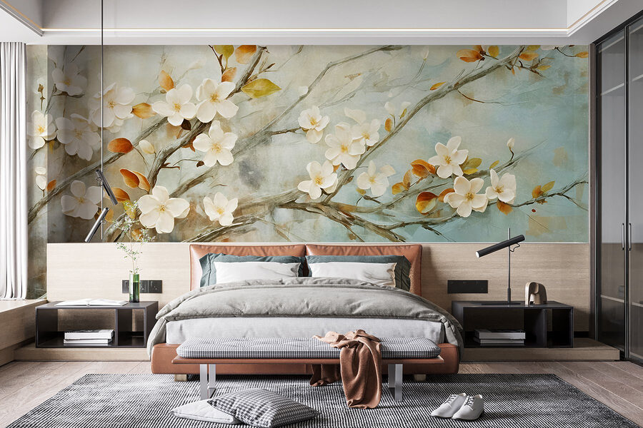 Peinture d'une branche avec des fleurs blanches