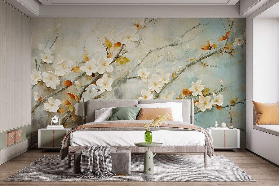 Peinture d'une branche avec des fleurs blanches