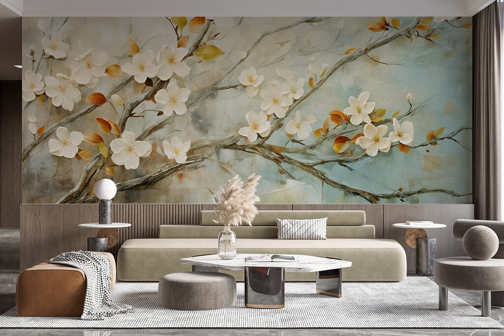 Painting of a branch with white flowers Painting of a branch with white flowers