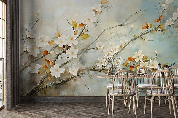 Peinture d'une branche avec des fleurs blanches Peinture d'une branche avec des fleurs blanches