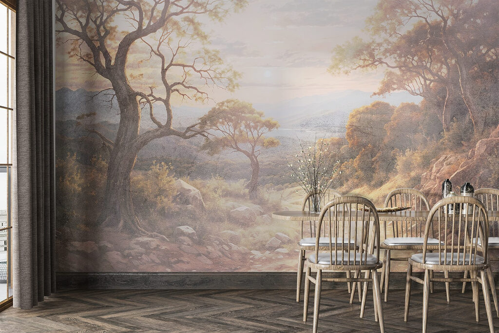 Dirt road with trees and mountains in the background
