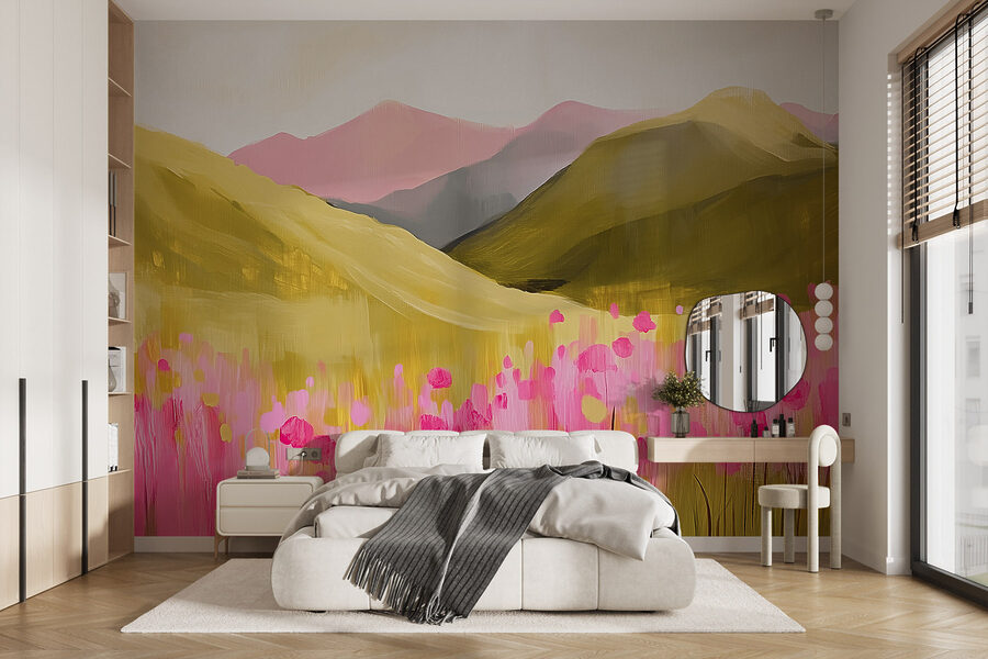 Peinture d'un champ de fleurs roses