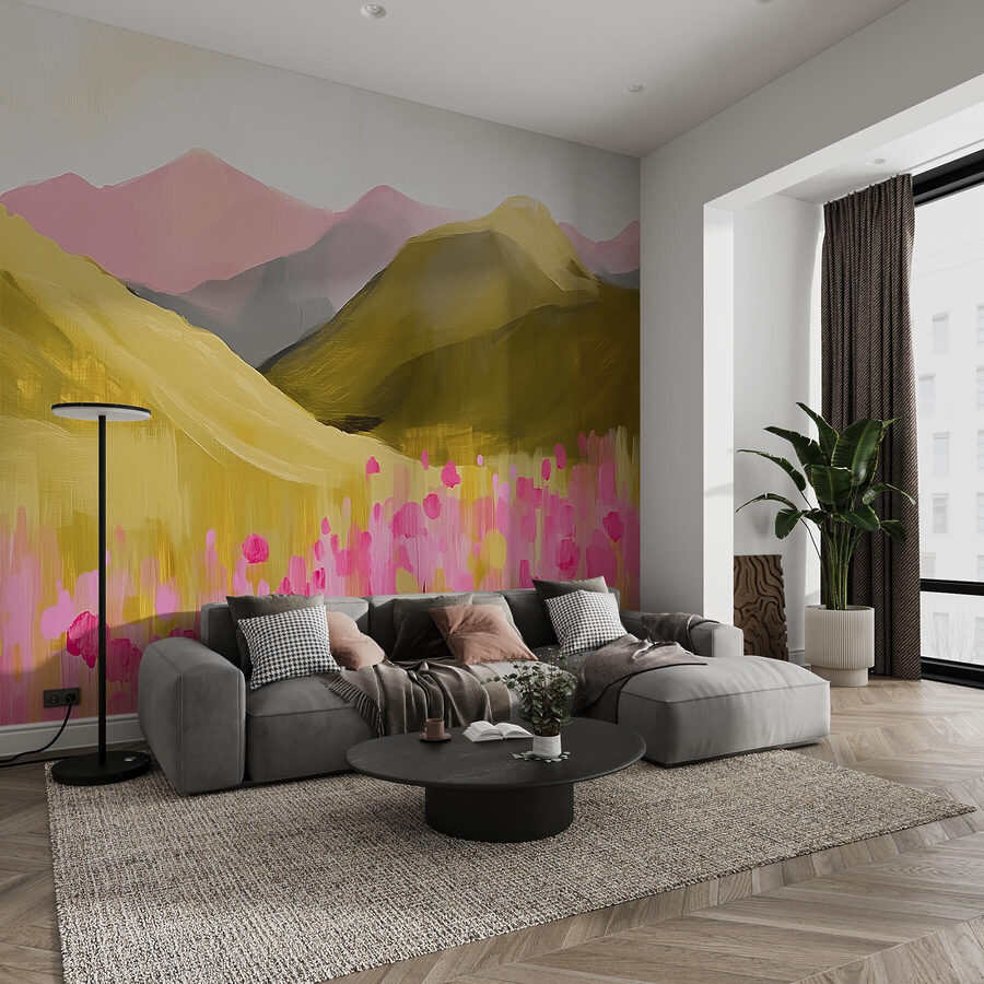 Peinture d'un champ de fleurs roses