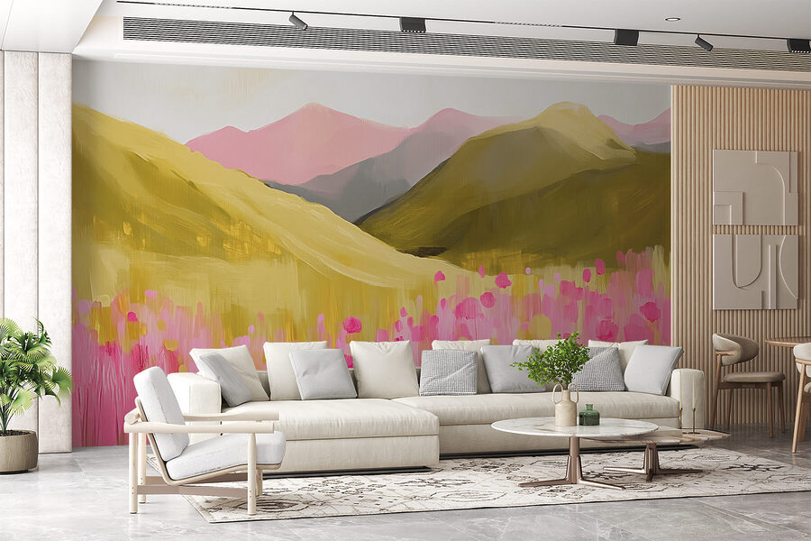 Peinture d'un champ de fleurs roses