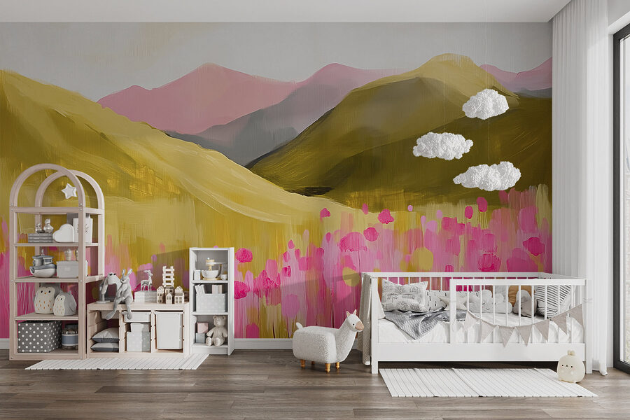 Peinture d'un champ de fleurs roses