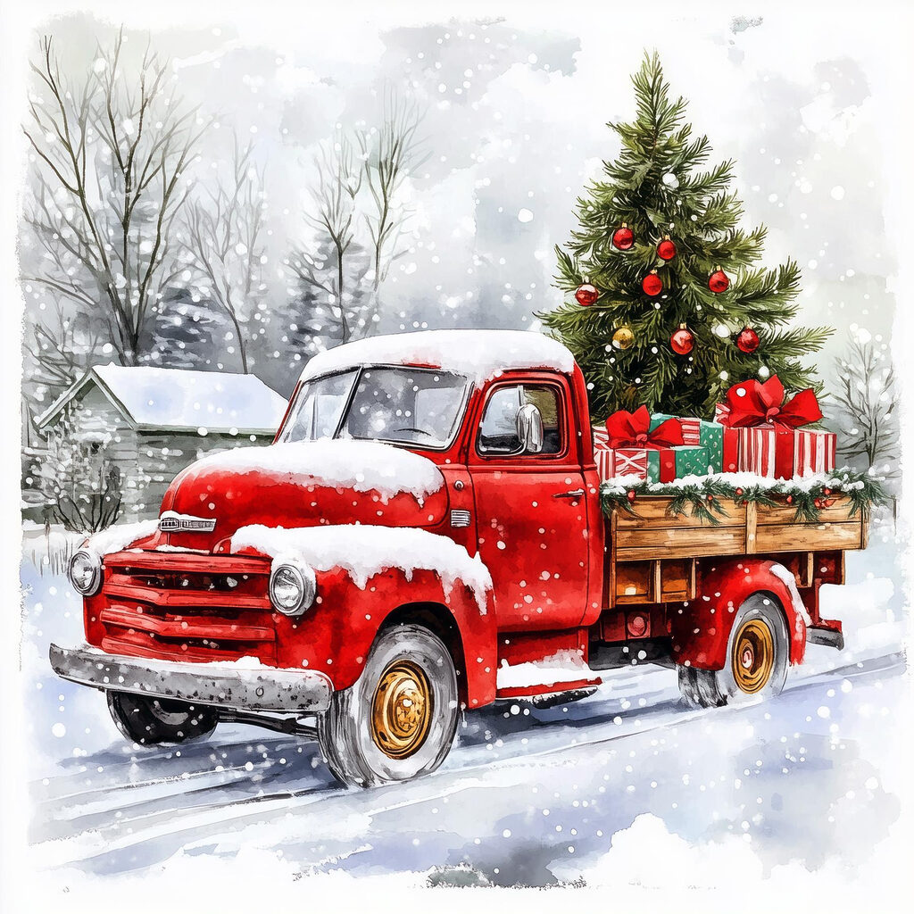 Red truck with a christmas tree on the back