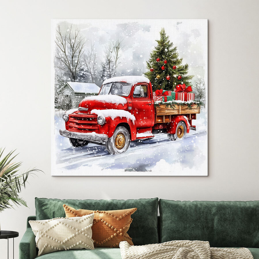 Camion rouge avec un sapin de Noël à l'arrière Camion rouge avec un sapin de Noël à l'arrière