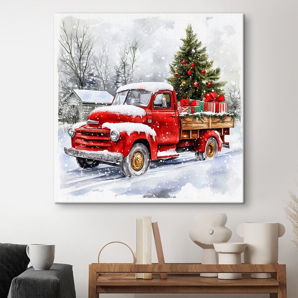 Camion rouge avec un sapin de Noël à l'arrière Camion rouge avec un sapin de Noël à l'arrière
