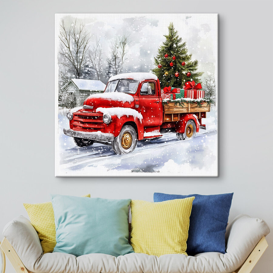 Camion rouge avec un sapin de Noël à l'arrière Camion rouge avec un sapin de Noël à l'arrière