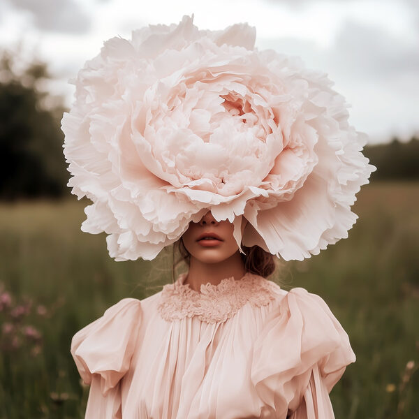 Femme en robe avec une grande fleur sur le visage Femme en robe avec une grande fleur sur le visage