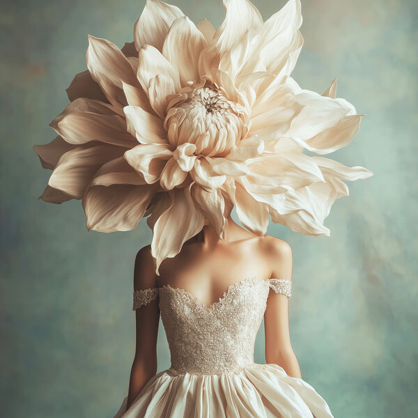Femme portant une robe avec une grande fleur sur la tête Femme portant une robe avec une grande fleur sur la tête