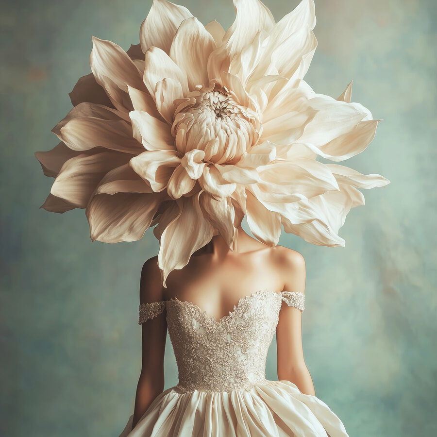 Femme portant une robe avec une grande fleur sur la tête