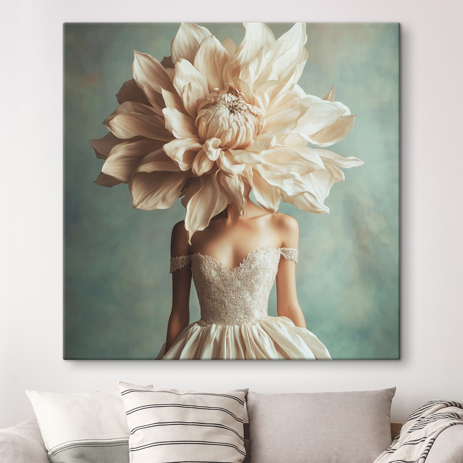 Woman wearing a dress with a large flower on her head Woman wearing a dress with a large flower on her head