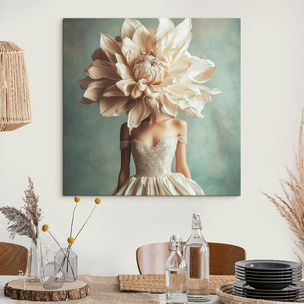 Femme portant une robe avec une grande fleur sur la tête Femme portant une robe avec une grande fleur sur la tête
